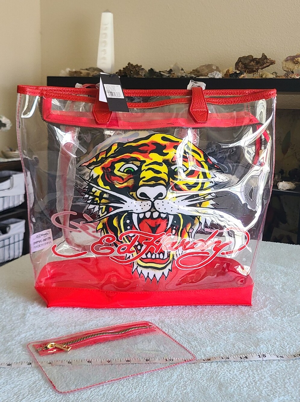NWT Ed Hardy Clear Red Tiger Tote Bag with Removable Pouch